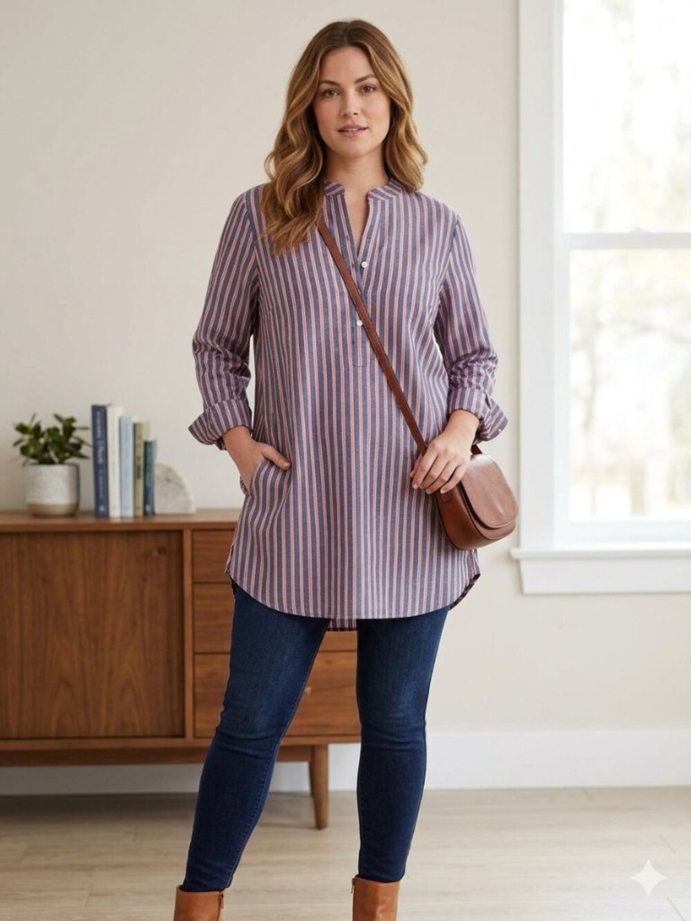 Velzera Navy, Red & White Striped Henley Tunic Style Top - Large